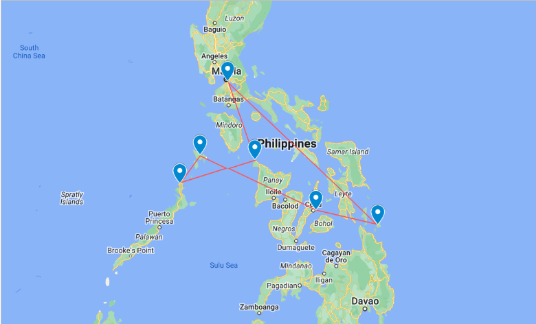 Map showing the Philippines island-hopping route