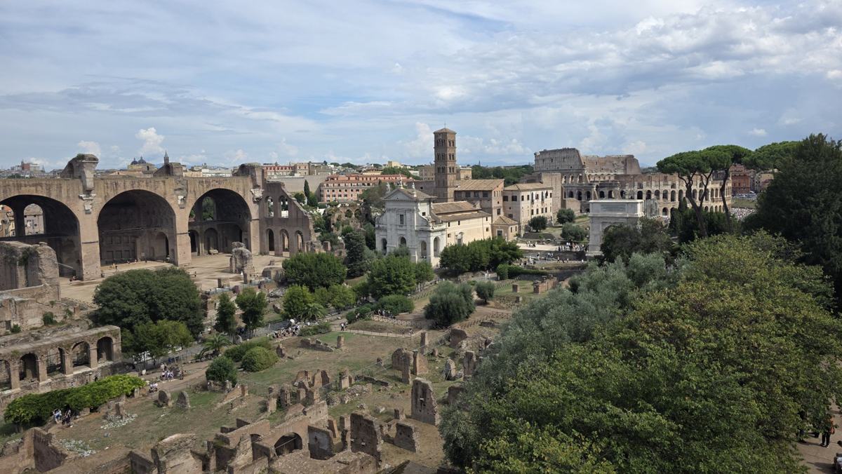 The Roman Forum, with the modern city beyond the ruins.