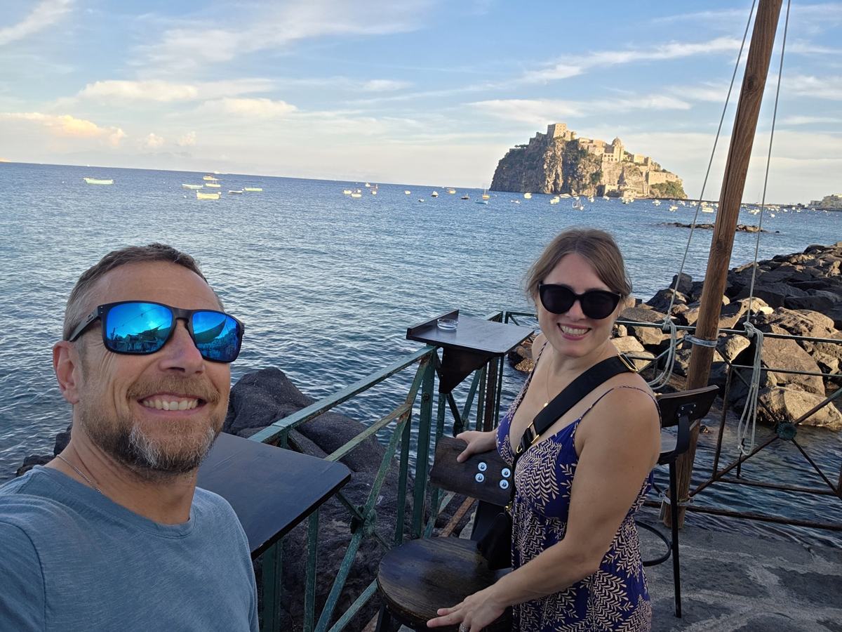 Back beside the water later in the day, with Castello Aragonese behind us.