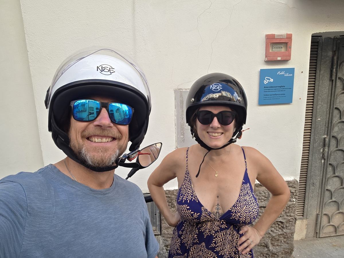 Helmets on for our scooter day around Ischia.
