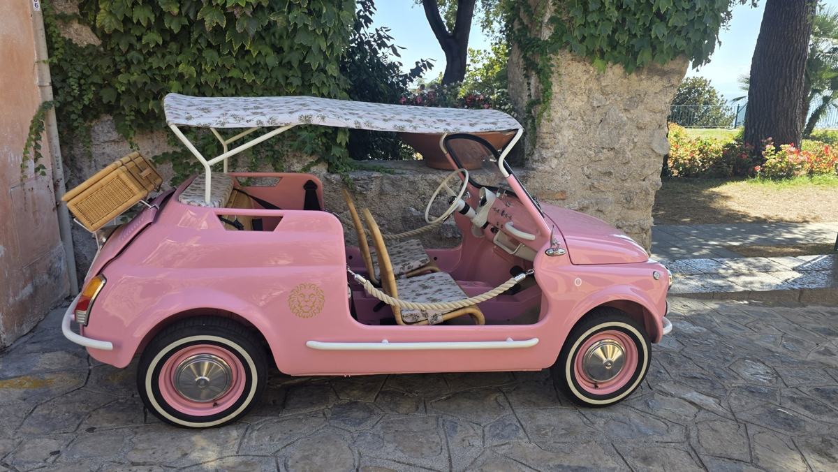 A pink open-top car spotted while exploring.