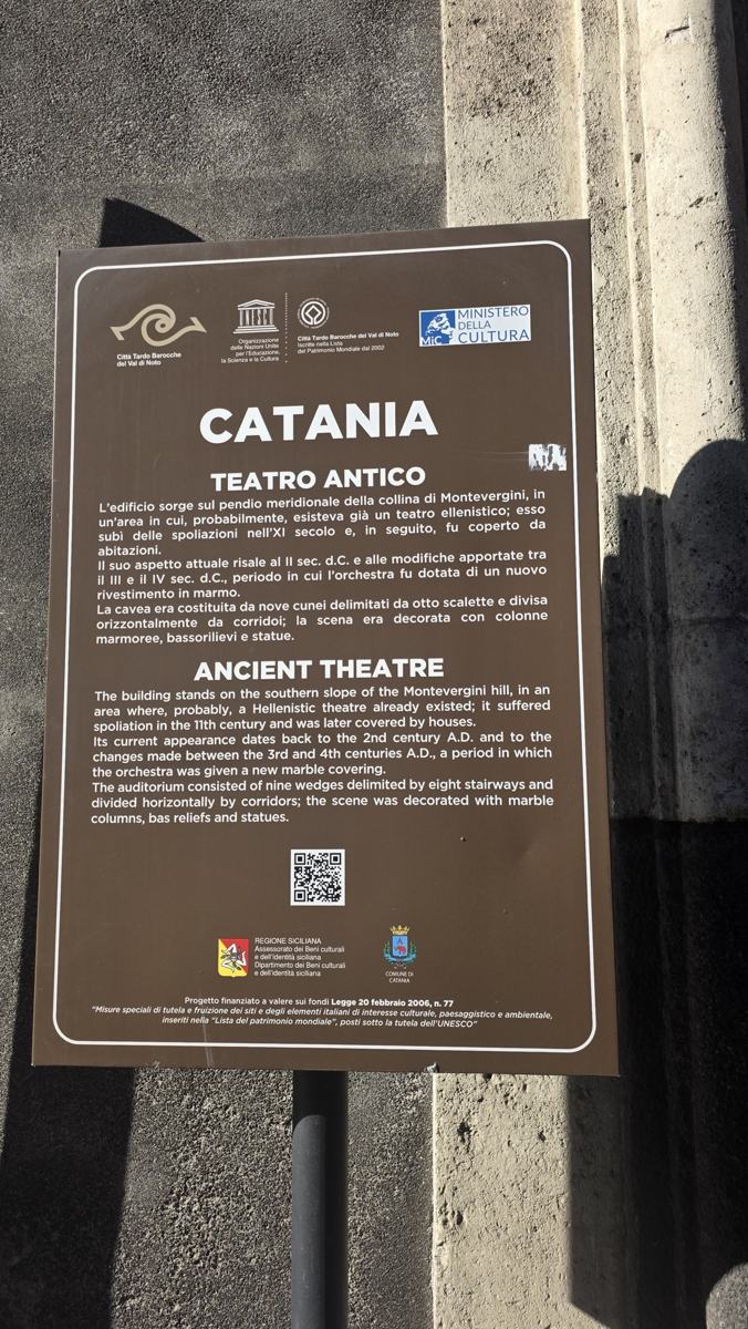 The entrance sign identifies Catania’s ancient theatre.