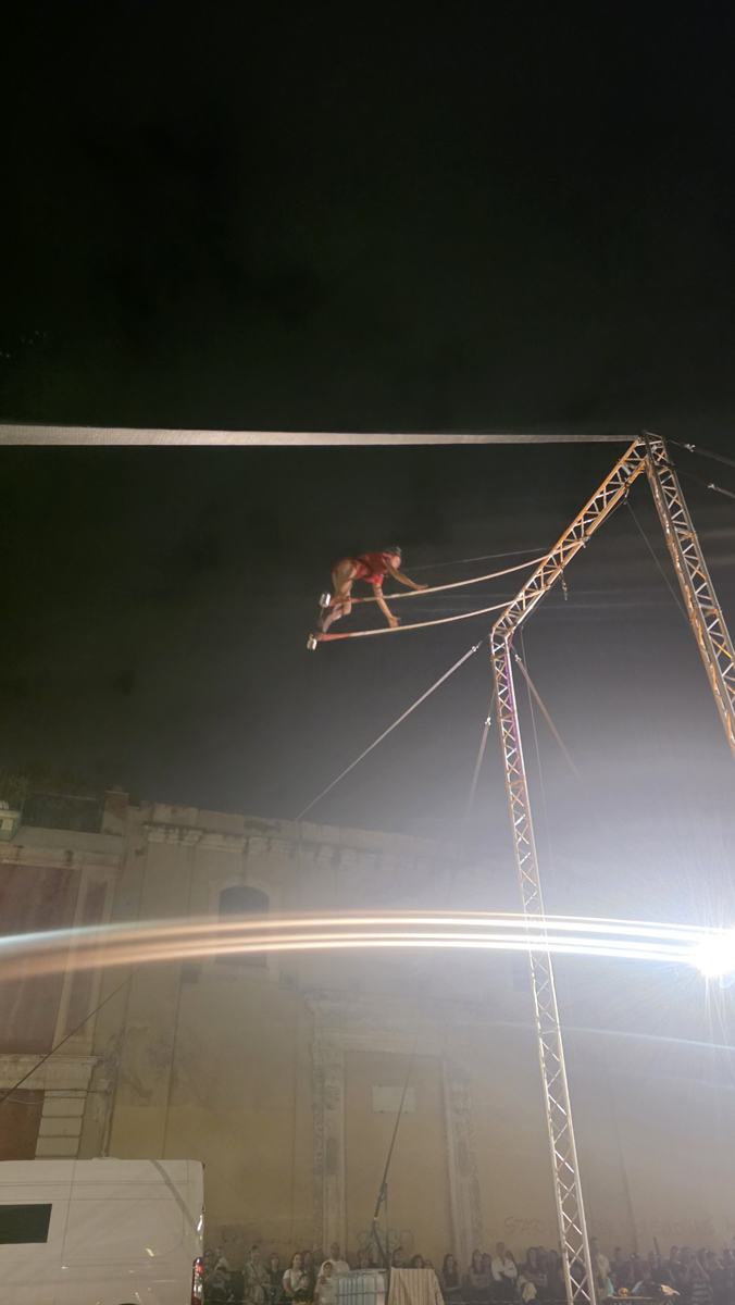 An aerial performance against the night sky.