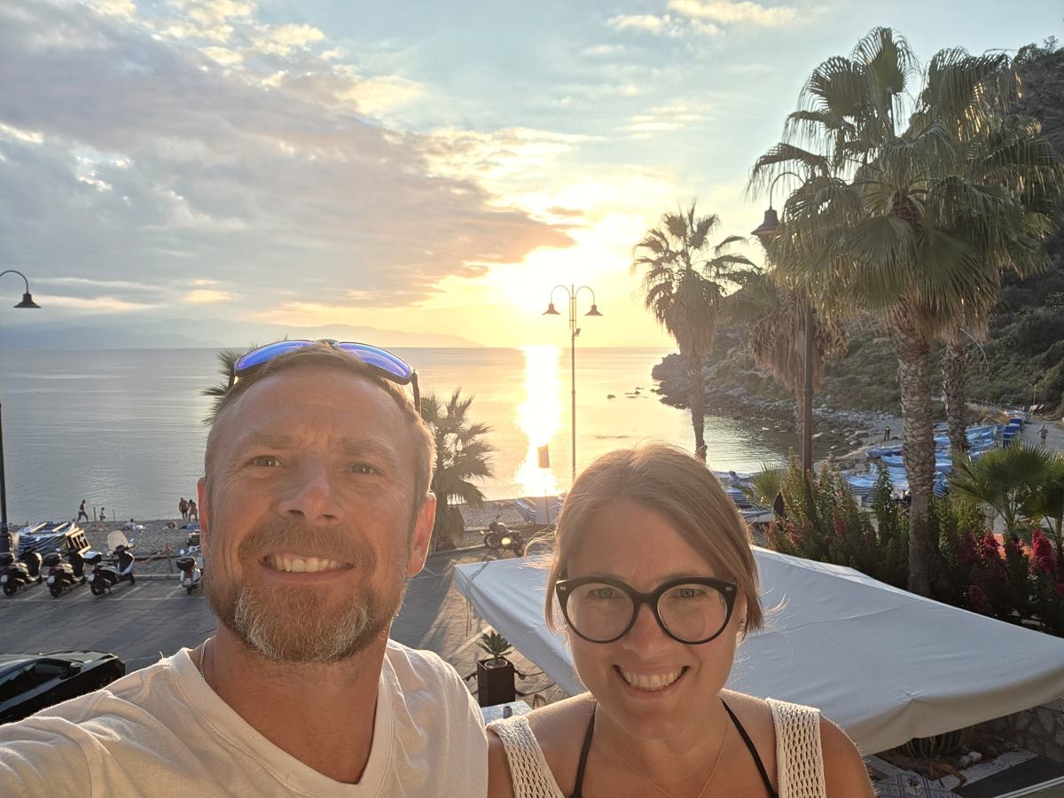 Together as the sun drops toward the sea.