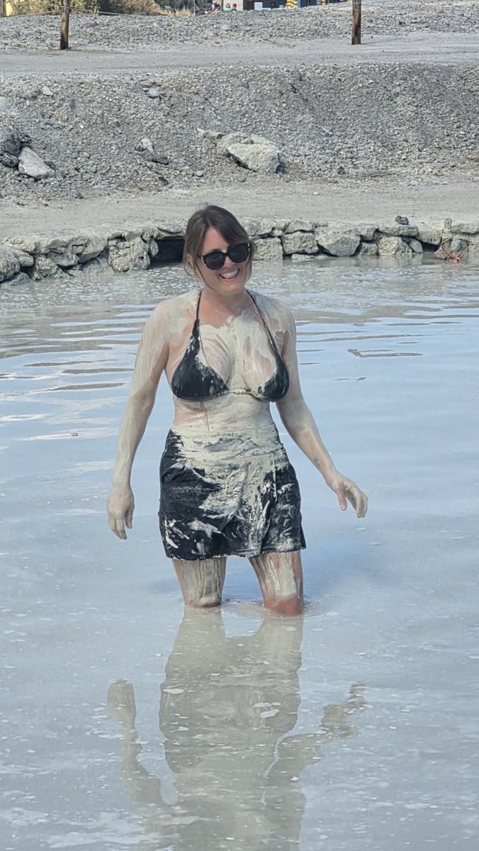 Jenn trying the mud bath during our visit.