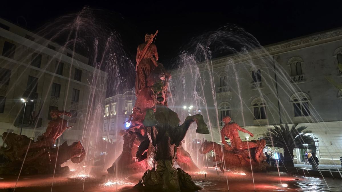 The fountain lit up during our evening walk.